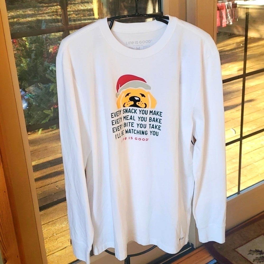 Life is Good Crusher Tee "I'll‎ Be Watching You" Holiday Dog White Sz M T-shirt
